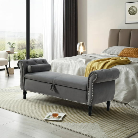 Holaki 63" Velvet Multi-functional Storage Rectangular Sofa Stool Buttons Tufted Nailhead Trimmed Solid Wood Legs with 1 Pillow, Grey