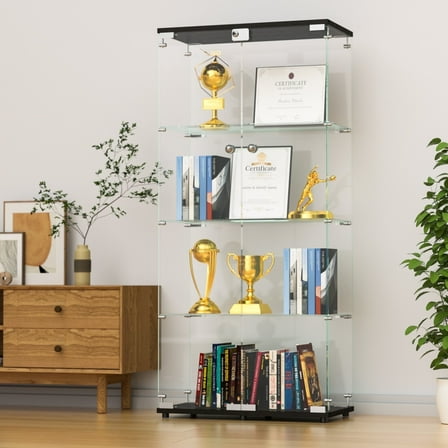 Holaki 64.5" 4-Shelf Case Glass Display Cabinet, Curio Cabinet Collection Display Case, Floor Standing Bookshelf for Living Room Bedroom Home Office, Black
