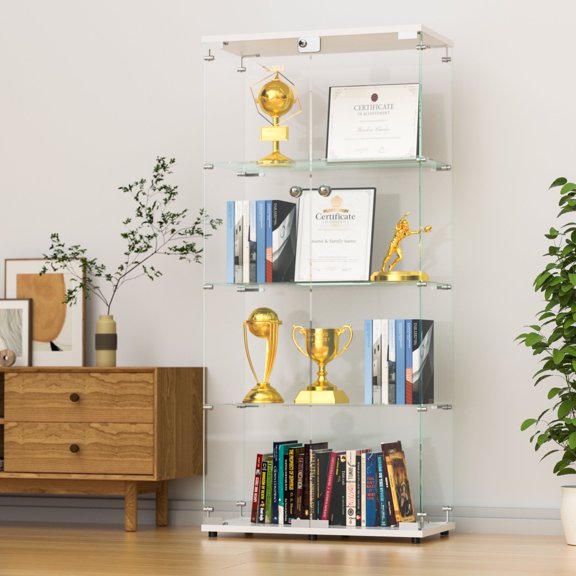 Holaki 64.5" 4-Shelf Case Glass Display Cabinet, Curio Cabinet Collection Display Case, Floor Standing Bookshelf for Living Room Bedroom Home Office, White