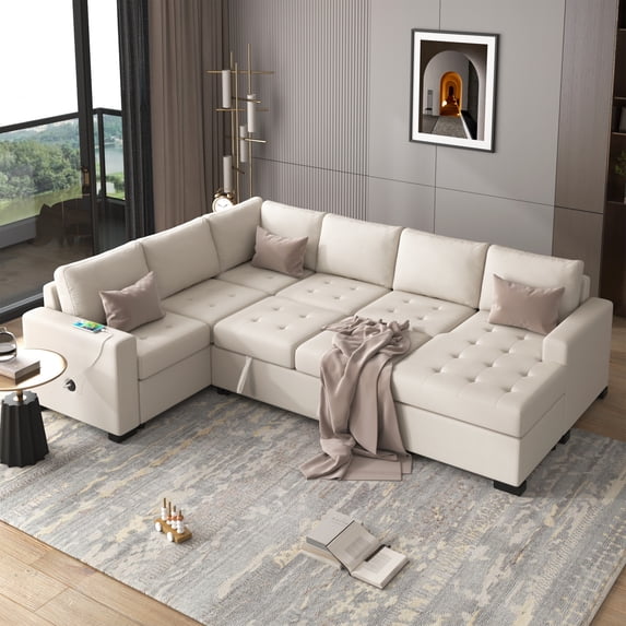 Holaki 7-9 Seat 108" Modular Combination Sofa with Ottoman L-shaped Corner Combination, USB and Type-C Interfaces, Beige