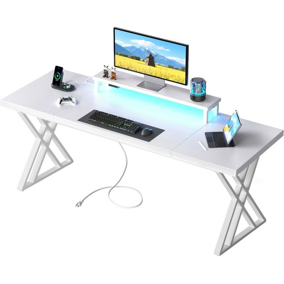 Executive Office Desk, Holaki 70.8" Large Farmhouse Wooden Office Desk with Desktop Stand and Charging Station, Study Writing Table Computer Desk Workstation for Home, White