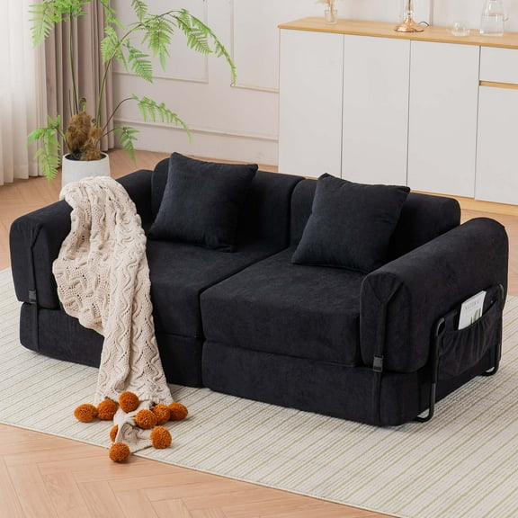 Holaki 71.25 in. W Sofa Bed High Rebound Sponge Sofa Couch, 2 Seats Floor Couch with 2 Pilllows for Living Room, Bedroom, Black