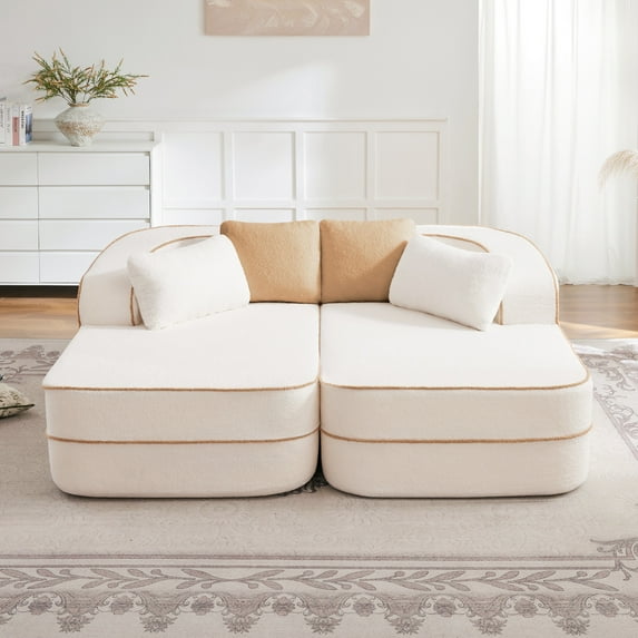 Holaki 77.2" Boneless Modular Sectional Sofa Couch, 32D High-Resilience 2-Seater Couch with Throw Pillows, Teddy Fleece Fabric Convertible Sofa Couch with R-Shaped Chaise for Living Room, White