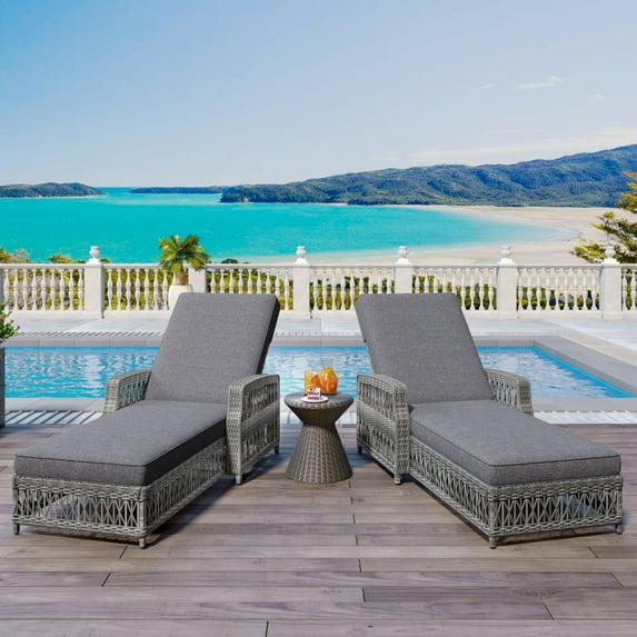 Holaki 77.5" Outdoor Long Reclining Chaise, Wicker Lounge with Armrests, Patio Adjustable Recliner with Soft Removable Cushions,All Weather Rattan Pool Lounge for Poolside & Garden (Beige+Grey)