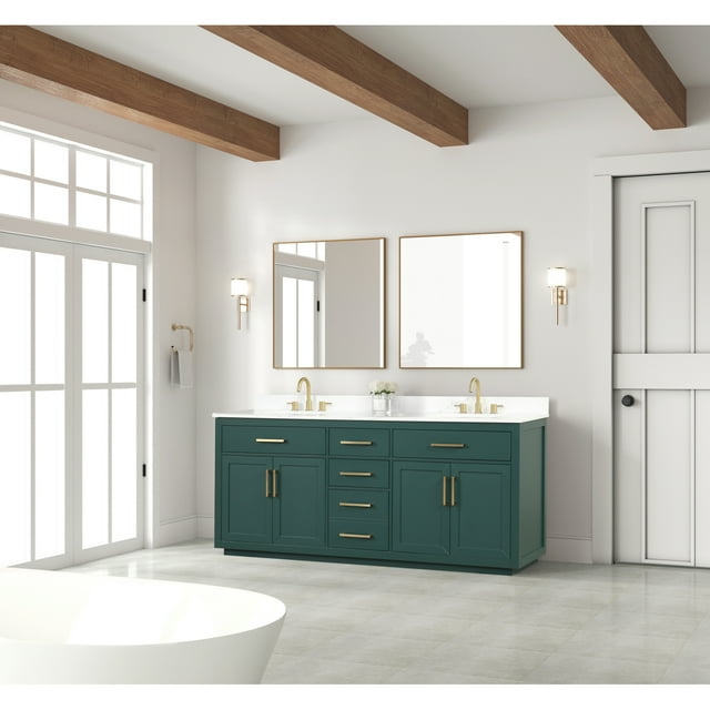 Holaki 80" Bathroom Vanity with Double Sink, Freestanding Modern Bathroom Vanity with Soft-Close Cabinet and 3 Drawers, Solid Wood Bathroom Storage Cabinet with Quartz Countertop, Green