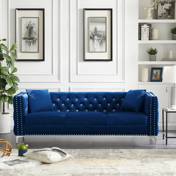 Holaki 82.3" Width Modern 3-Seat Velvet Sofa Tufted Square Arm Couch with Jeweled Buttons and 2 Pillows, Blue