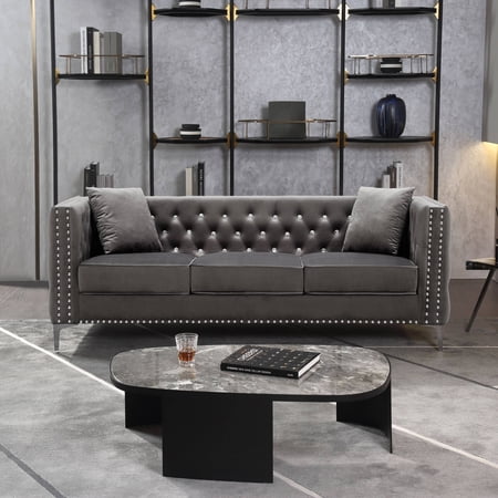 Holaki 82.3" Width Modern 3-Seat Velvet Sofa Tufted Square Arm Couch with Jeweled Buttons and 2 Pillows , Grey