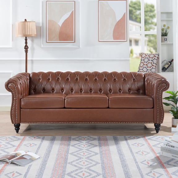 Holaki 84" PU Rolled Arm Chesterfield Three Seater Sofa, Brown