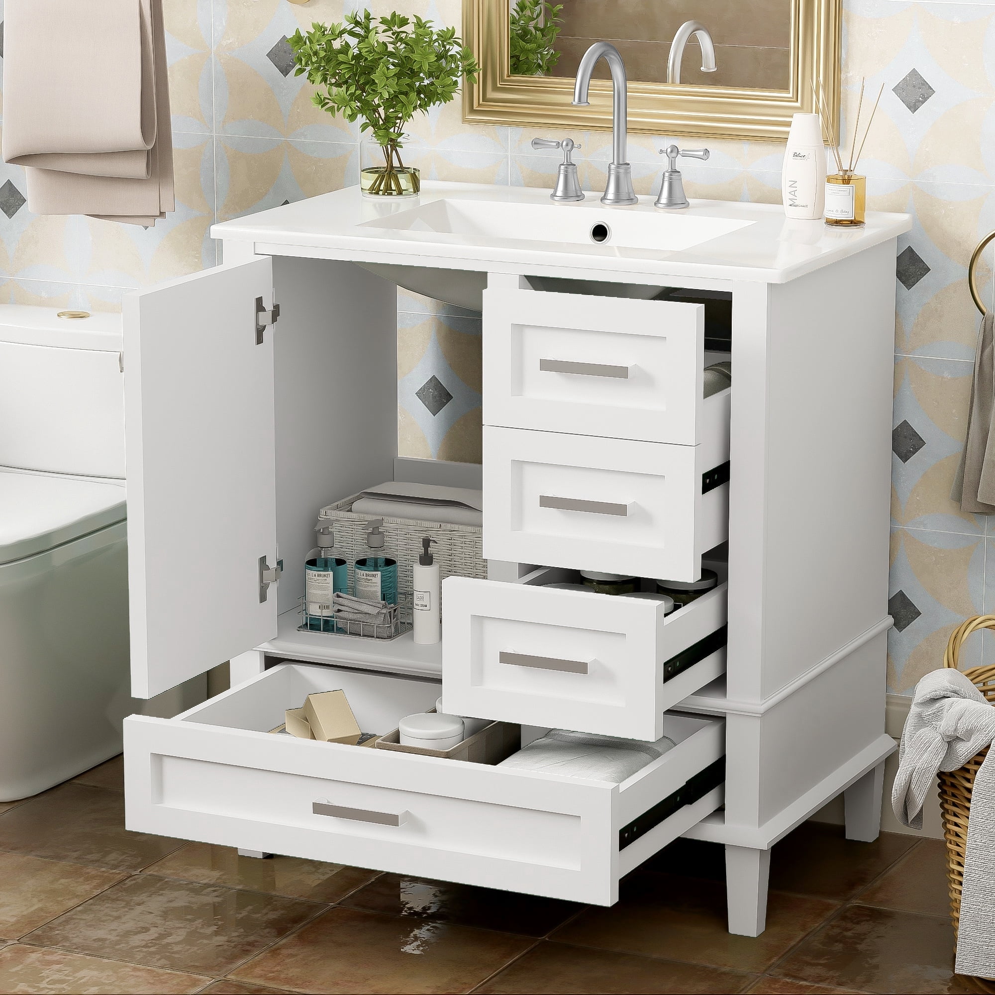 30" Bathroom Vanity Set with Sink, Holaki Modern Bathroom Cabinet with Soft Closing Door and 3 Drawers, Solid Wood Frame Bathroom Storage Cabinet, White