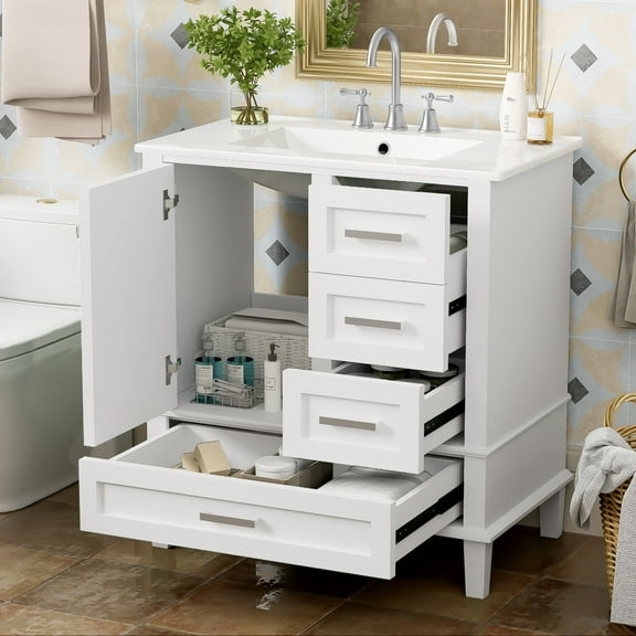 34" Bathroom Vanity Set with Sink, Holaki Modern Bathroom Cabinet with Soft Closing Door and 3 Drawers, Solid Wood Frame Bathroom Storage Cabinet, White
