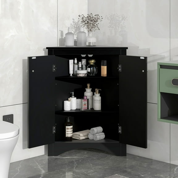 Holaki Black Triangle Bathroom Storage Cabinet with Adjustable Shelves, Freestanding Floor Cabinet for Home Kitchen