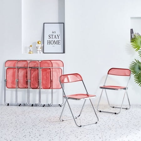 Holaki Caramel Clear Folding Chair PC Plastic Living Room Seat Chrome Frame, Red