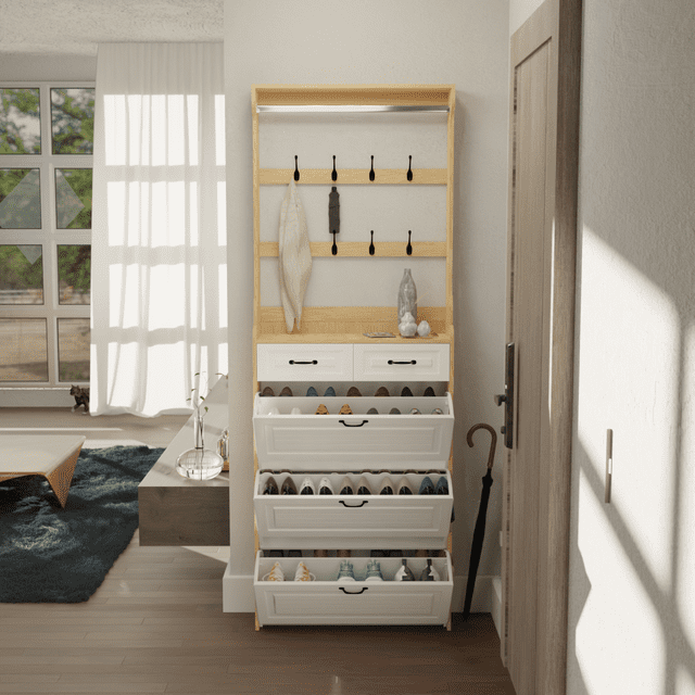 Holaki Coat Rack with Shoe Rack, 3 Flip Drawers and 2 Storage Drawers, PVC Door with Large Space for Storage, Oak