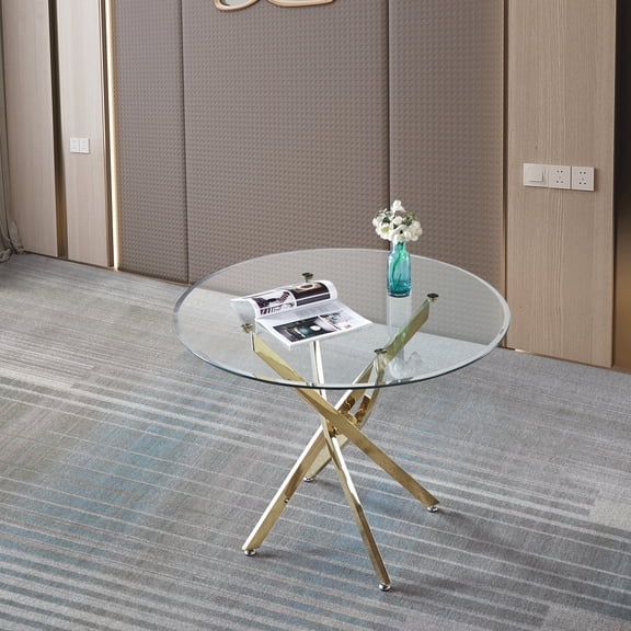 Holaki Coffee Table,Round Tempered Glass Dining Table for 2-4 with Chromed Legs,36 inch Modern Small Kitchen Table Dining Room Table for Kitchen Dining Room (Gold/Silver)