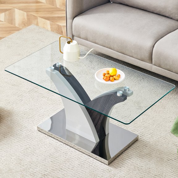 Holaki Coffee Tables with Tempered Glass Top,Art Deco Center Table with Engineered Wood Adjustable White & Gray Legs,Modern Rectangle Coffee Table for Living Room and Office