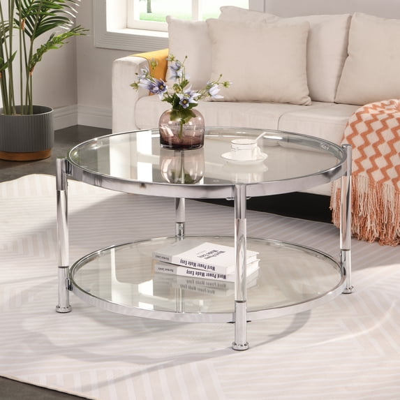 Holaki Contemporary Acrylic Coffee Table, 32.3'' Round Tempered Glass Coffee Table, Silver Coffee Table for Living Room,Chrome