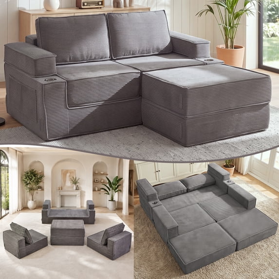Holaki 5 in 1 Modular Sectional Sofa with Movable Ottoman, L-Shaped Convertible Boneless Couch for Living Room, Corduroy Deep Seat Sofa, Gray