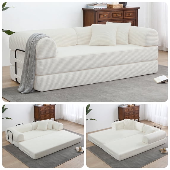 78" Boneless Convertible Sleeper Sofa Bed, Holaki Corduroy Compression Folding Sofa with Pillow & 3 Seat, Fixed-Shape Frame, Floor Sofas Lounge Couch for Living Room Bedroom Apartment, White