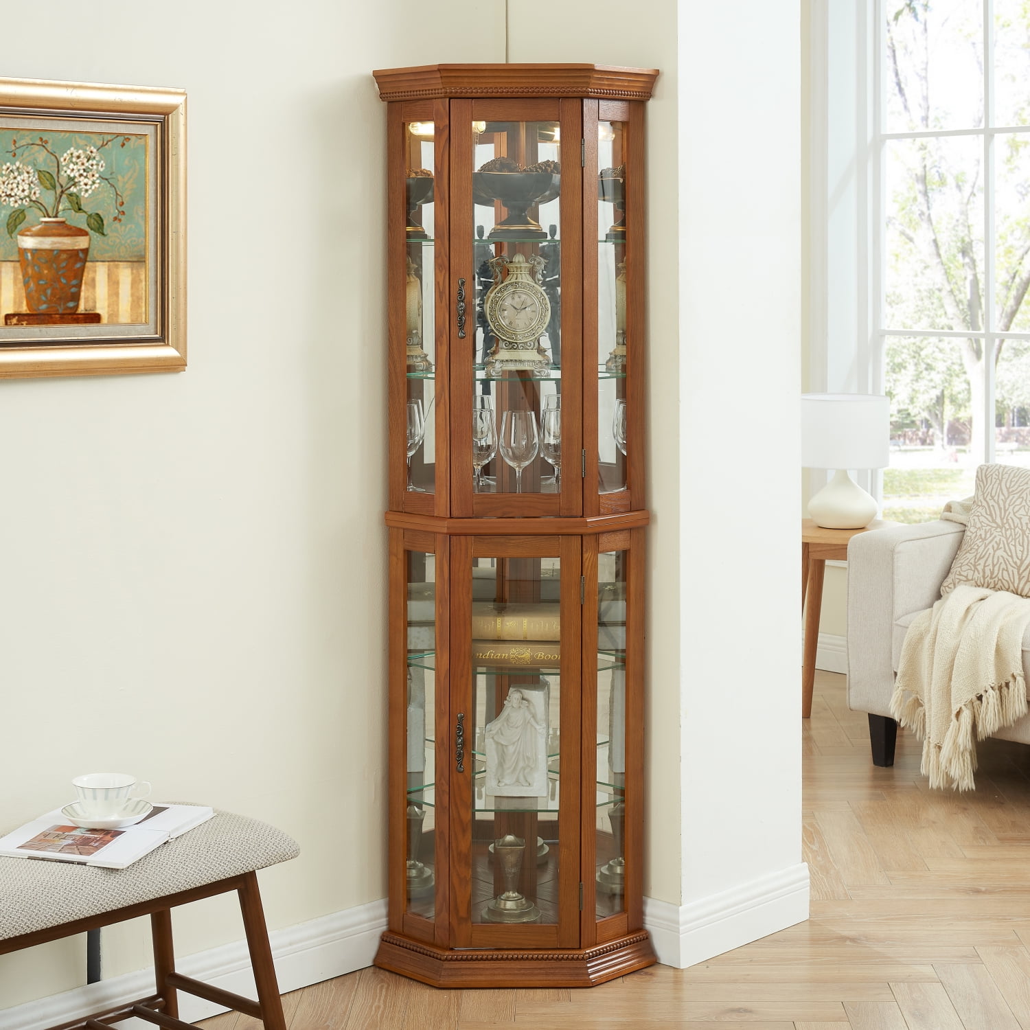 Oak Lighted Corner Curio Cabinet with Glass Shelves