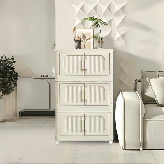 Holaki Cream White 19.69" Side Wide Folding Storage Cabinet ,3 Tiers,19.69"×11.81"×31.1",Collapsible Storage Bins with Magnetic Door, Plastic Storage Cabinet with Wheels