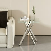 Holaki End Table Small End Table with Chrome Metal X-Shaped Pedestal,Tempered Glass Square End Table, Luxury Glass End Table Nightstand Modern Side Table for Living Room Bedroom,17.72 x 20.87