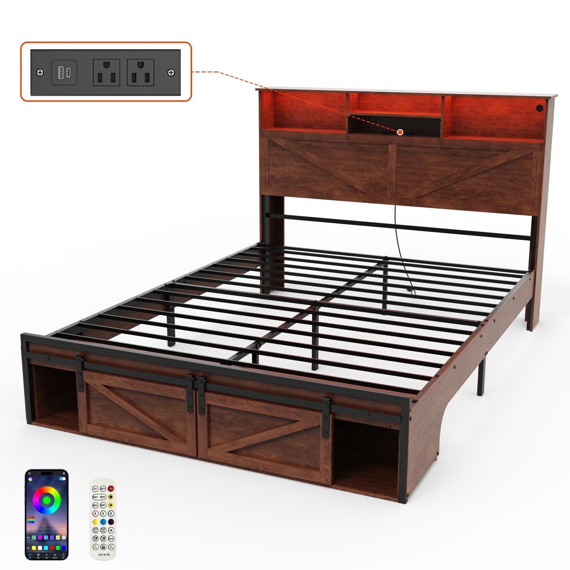 Wood Queen Bed Frame with Headboard & Storage Shelf, Holaki Farmhouse ...