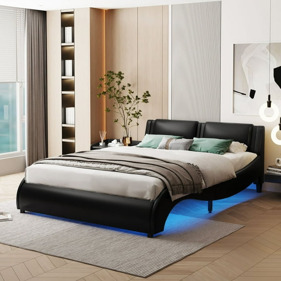 Holaki Full Bed Frame with Led Lights and Charging Ports Modern Faux Leather Upholstered Queen Size Platform Bed with Headboard Wave Like Curve Low Profile Bed,Wood Slats Support,Easy Assembly,Black