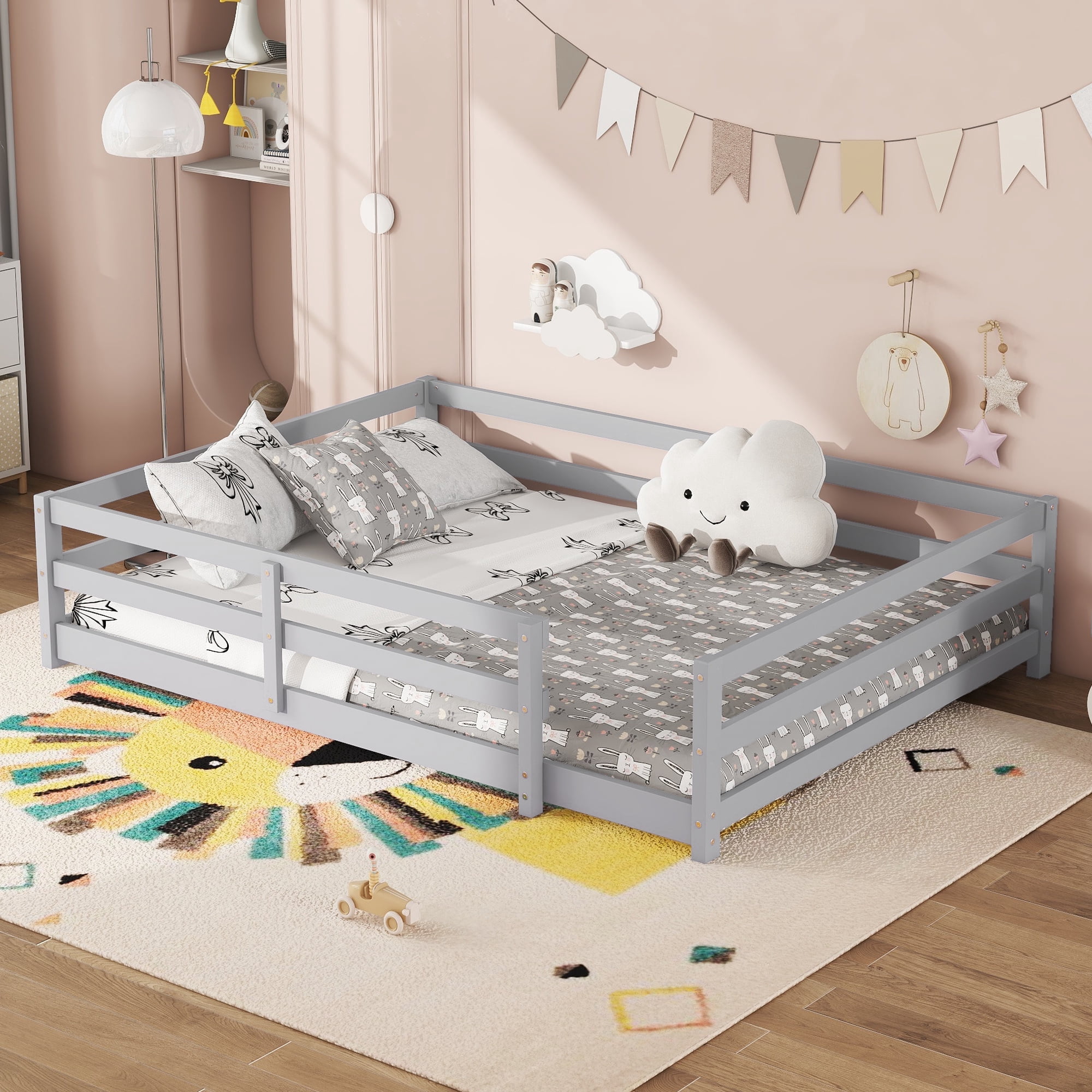 Holaki Full Size Bed Frame with Rails,Wood Montessori Floor Bed Twin Size,Floor Bed with Fence,Montessori Floor Bed for Girls and Boys,77"x58.1"x15.7",Gray