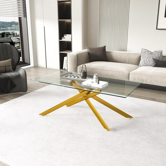 Glass Coffee Table, Holaki 47.2" Clear Rectangle Glass Coffee Table, Modern Coffee Table with Metal Legs, Center Table Sofa Table Home Furniture for Living Room