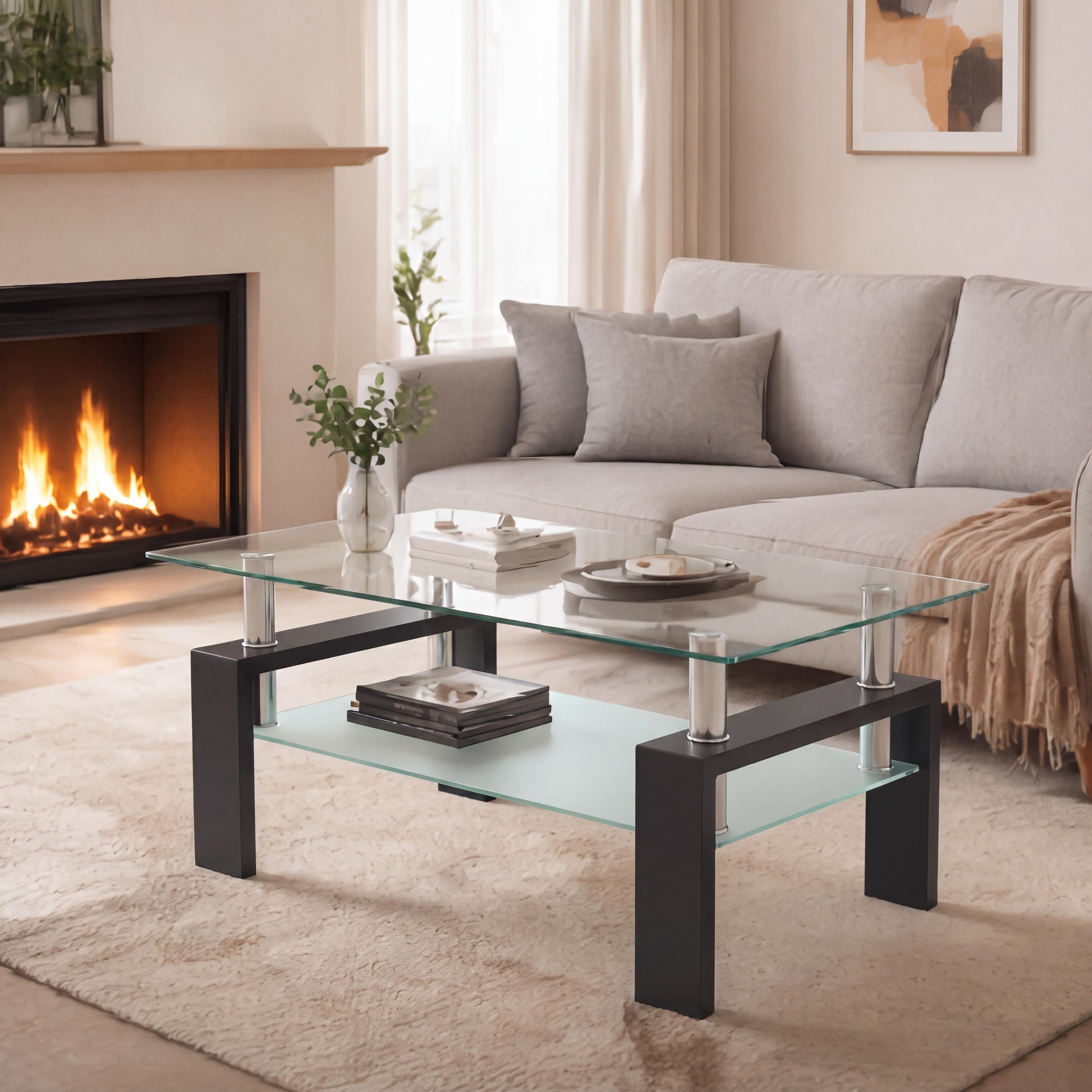 Glass Coffee Table with Lower Shelf, Holaki Modern Rectangular Tempered Glass Center Table with Metal Legs for Living Room, Black