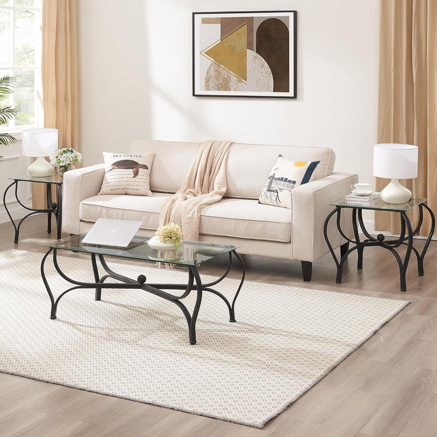 Rustic Black Tempered Glass 3-Piece Coffee and End Table Set