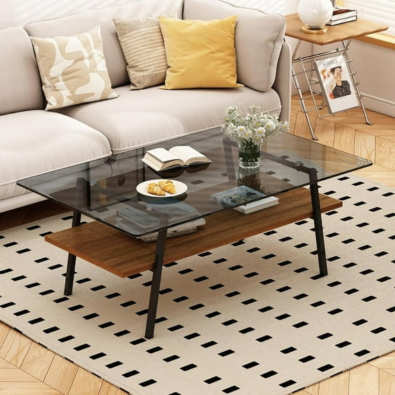Holaki Glass Coffee Table, Rectangle Tempered Glass Table, 2-Tier Center Table with Clear Tempered Glass Top Metal Leg, Mordern Home Office Furniture
