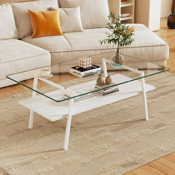 Holaki Glass Coffee Table, Rectangle Tempered Glass Table, 2-Tier Center Table with Clear Tempered Glass Top Metal Leg, Mordern Home Office Furniture