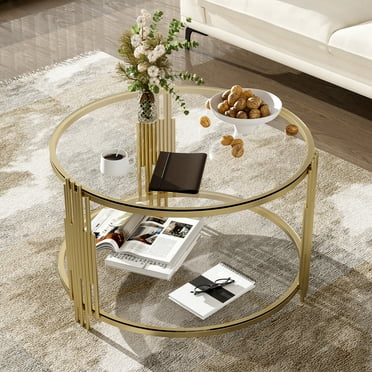 Glass Coffee Table with Storage, Holaki Transparent Round Glass Coffee Table, Modern Coffee Table with Gold Stainless Legs, Sofa Center Tables Furniture for Home Office Living Room