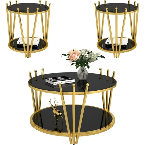 Holaki Glass Coffee Table Set of 3, Black Tempered Glass Round End Table Living Room Table Set 3 Piece, Stainless Steel Crown Design Center Cocktail Table for Apartment Office