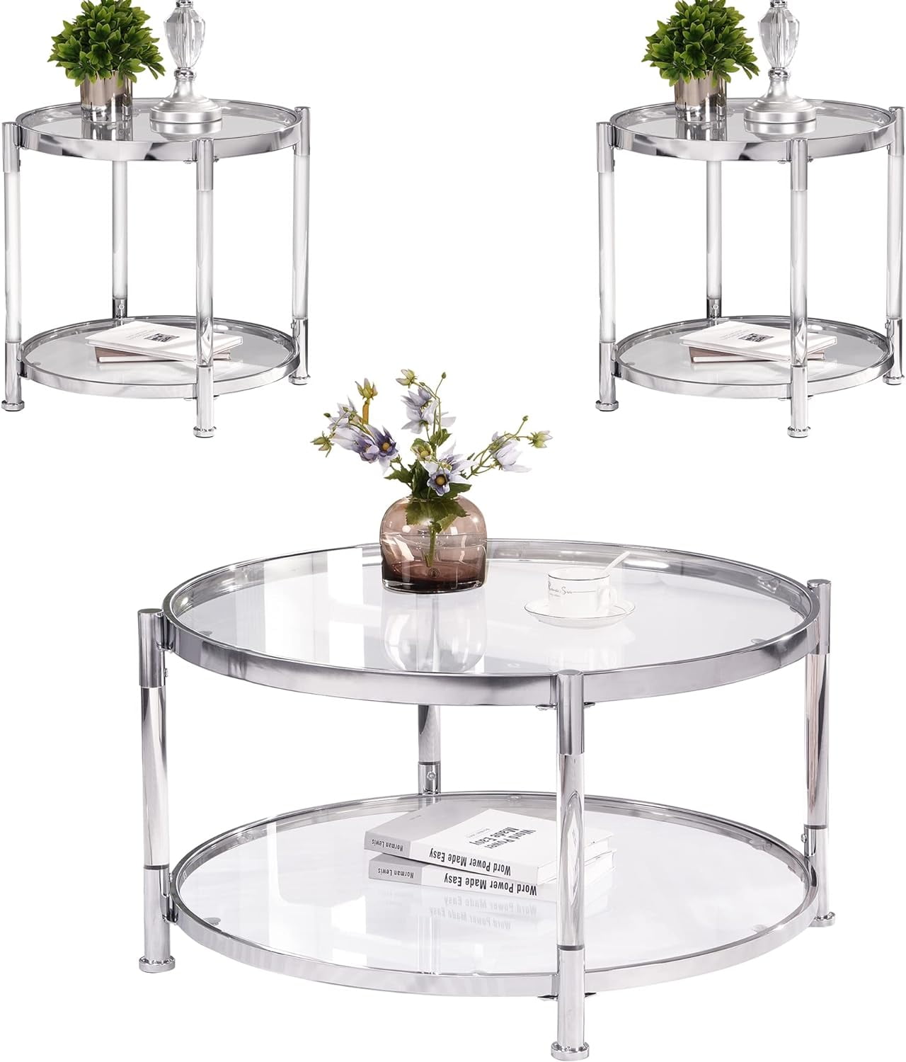 Holaki Glass Coffee Table Set of 3, Chrome End Table Round Living Room