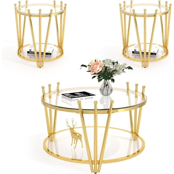 Holaki Glass Coffee Table Set of 3, Clear Tempered Glass Round End Table Living Room Table Set 3 Piece, Stainless Steel Crown Design Center Cocktail Table for Apartment Office