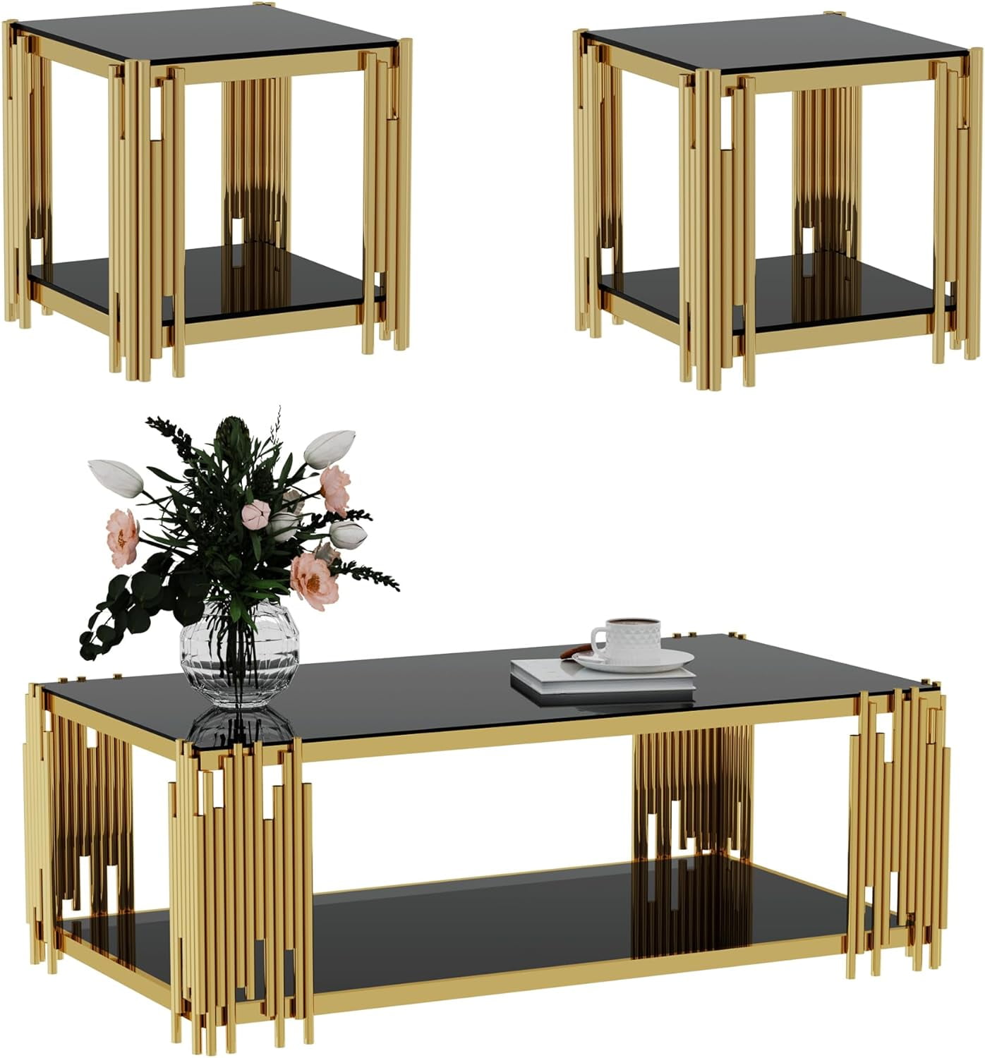 End Tables for Living Room Set of 3, Holaki Modern Rectangle Tempered Glass Coffee Table with 2 Square End Table, Coffee Table Set with Stainless Steel Irregular Legs for Home Apartment Office