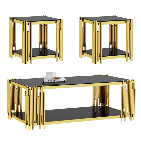 End Tables for Living Room Set of 3, Holaki Modern Rectangle Tempered Glass Coffee Table with 2 Square End Table, Coffee Table Set with Stainless Steel Irregular Legs for Home Apartment Office