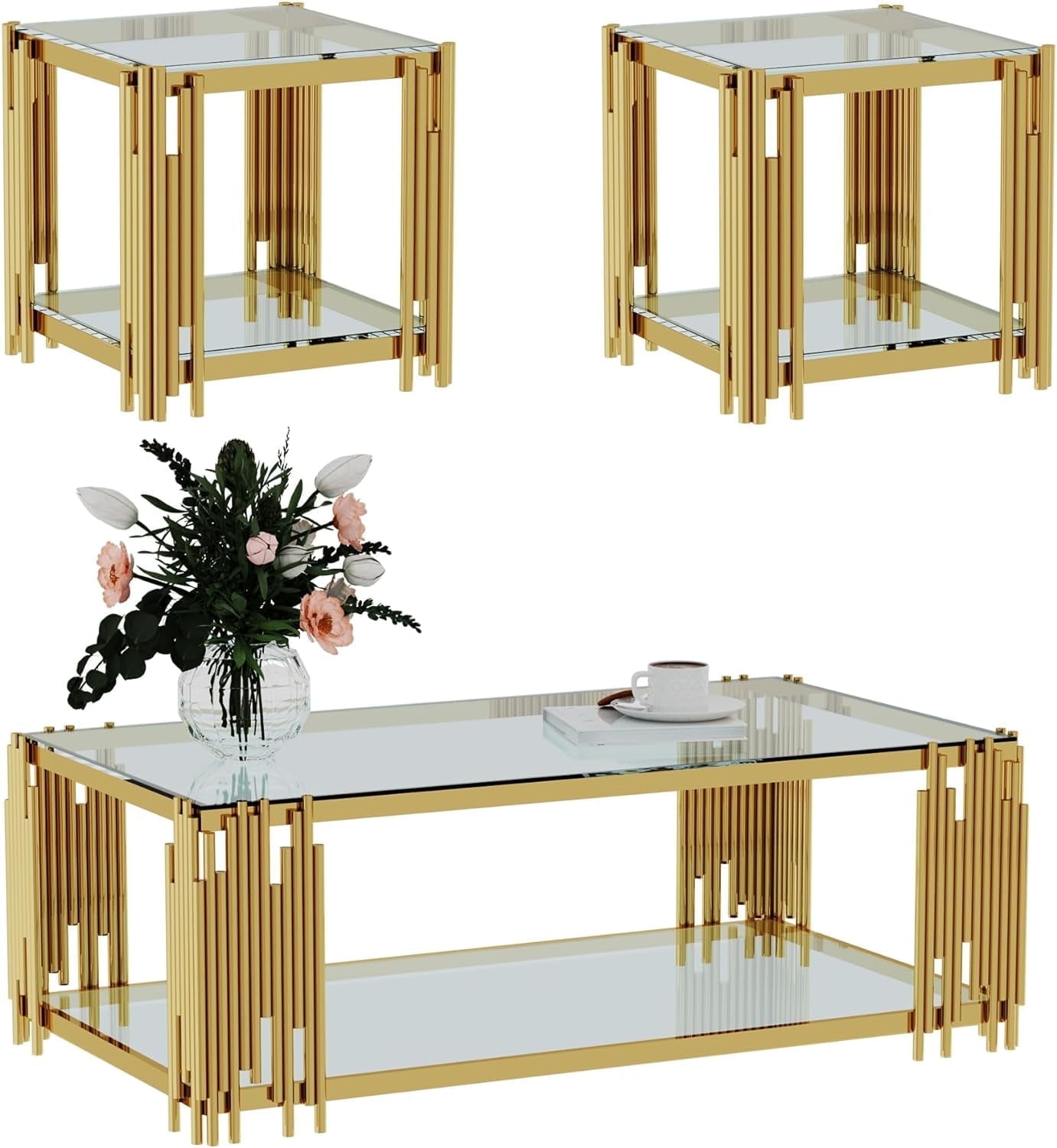 End Tables for Living Room Set of 3, Holaki Modern Rectangle Tempered Glass Coffee Table with 2 Square End Table, Coffee Table Set with Stainless Steel Irregular Legs for Home Apartment Office