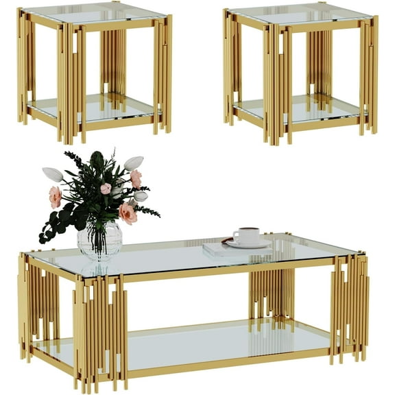 End Tables for Living Room Set of 3, Holaki Modern Rectangle Tempered Glass Coffee Table with 2 Square End Table, Coffee Table Set with Stainless Steel Irregular Legs for Home Apartment Office