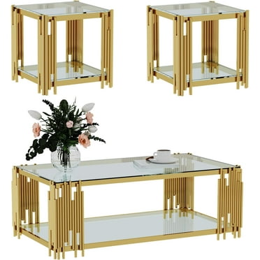 Holaki Glass Coffee Table Set of 3, End Table Modern Living Room Table Rectangle Clear Tempered Glass Stainless Steel Leg, Square Side Table for Home Furniture Set