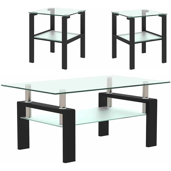 Holaki Glass Coffee Table and End Table Sets, Living Room Table Set of 3, 2 Layer Tea Table (Coffee Table and End Table Sets)