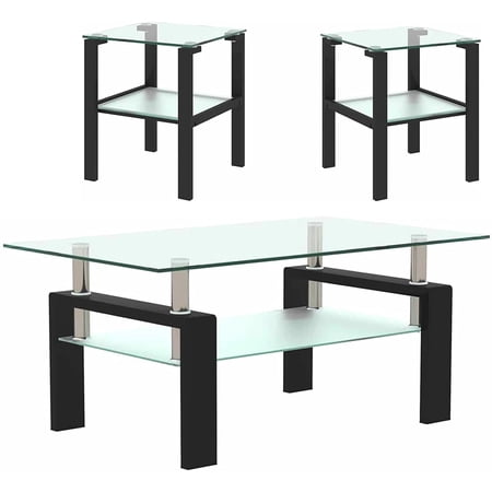 Holaki Glass Coffee Table and End Table Sets, Living Room Table Set of 3, 2 Layer Tea Table (Coffee Table and End Table Sets)