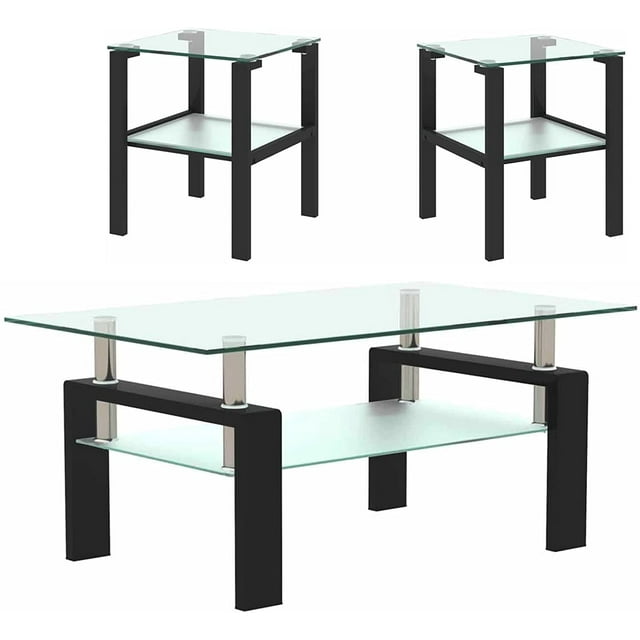 Holaki ThreePiece Glass Coffee and End Table Sets, 2 Layer Tea Table