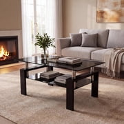 Glass Coffee Table with Lower Shelf, Holaki Modern Rectangular Tempered Glass Center Table with Metal Legs for Living Room, Black