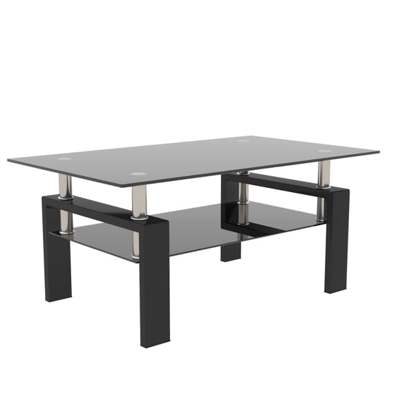 Glass Coffee Table with Lower Shelf, Holaki Modern Rectangular Tempered Glass Center Table with Metal Legs for Living Room, Black