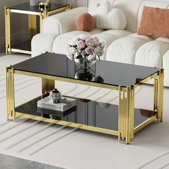 Holaki Gold Glass Coffee Table, Modern Living Room Table, Luxury Stainless Steel Metal Leg, 43'' Rectangular Black Tempered Glass Center Table for Home Office