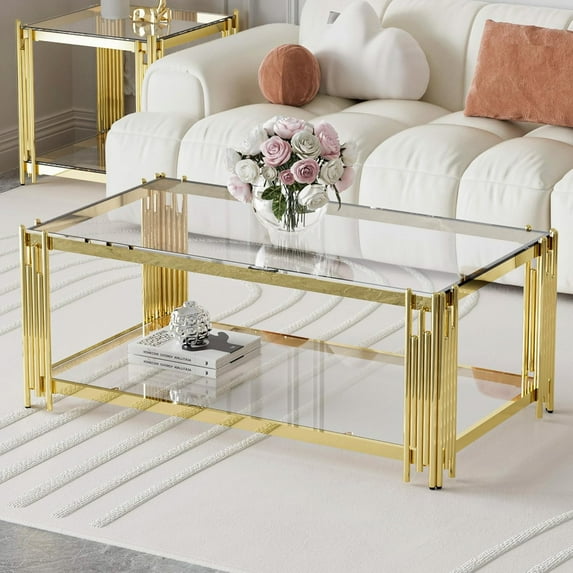 Holaki Gold Glass Coffee Table, Modern Living Room Table, Luxury Stainless Steel Metal Leg, 43'' Rectangular Clear Tempered Glass Center Table for Home Office