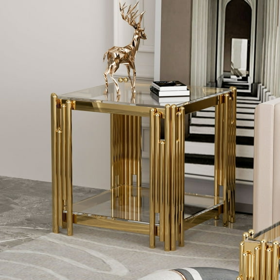 Holaki Gold Glass End Table Modern Living Room Table Clear Sofa Side Table 1 Pcs, Golden Stainless Steel Metal Leg Square Tempered Glass Small Corner Table (Clear, End Table)